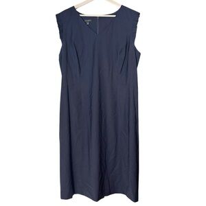 Talbots Stretchy Wool Pleated Shift Dress Size 16 Navy Blue Office Knee Length